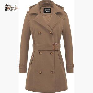 Wool Blend Double Breasted Pea Coat Hooded Long Winter Trench Coat